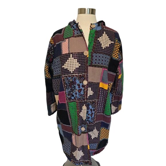 Patchwork Jacket With Hood Retro Style Long Fits Like Womens Size Large - Picture 1 of 6